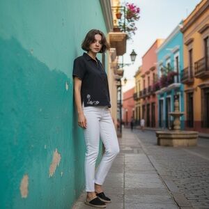 Black Embroidered Cropped Linen Blend Shirt Medium Petite